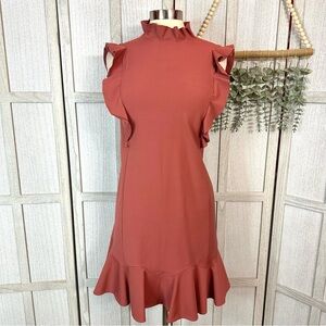 Rebecca Taylor Ruffle Mock Neck Dress Size Small Burnt Orange Sleeveless